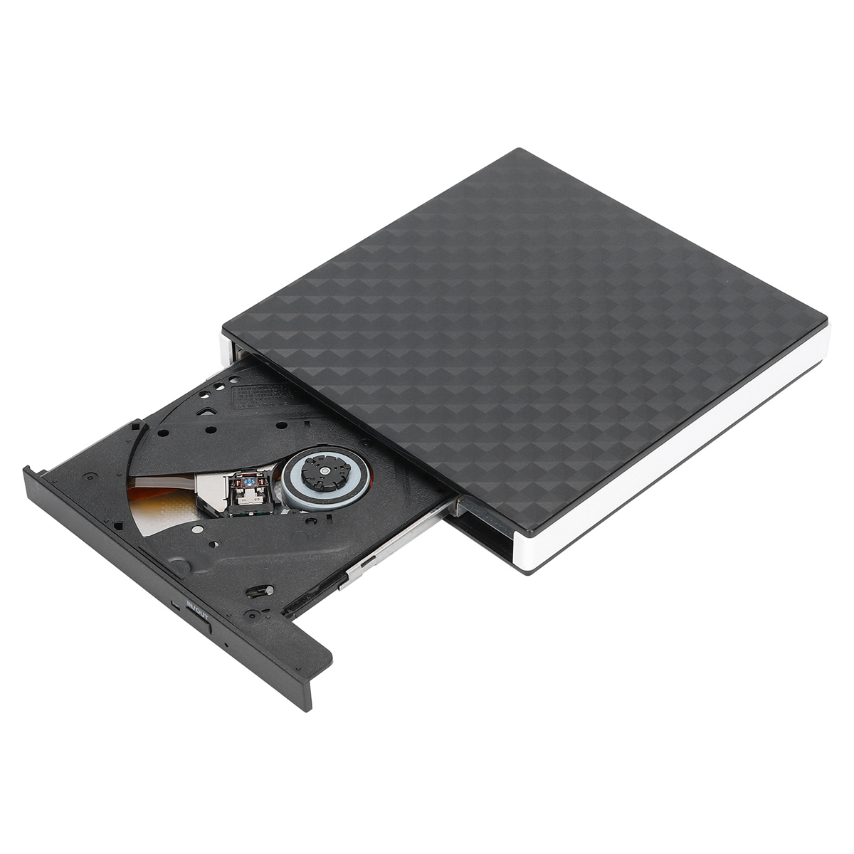 Ein schwarzes externes CD/DVD-Laufwerk mit geöffnetem Disc-Fach. Es hat eine karierte Oberseite.