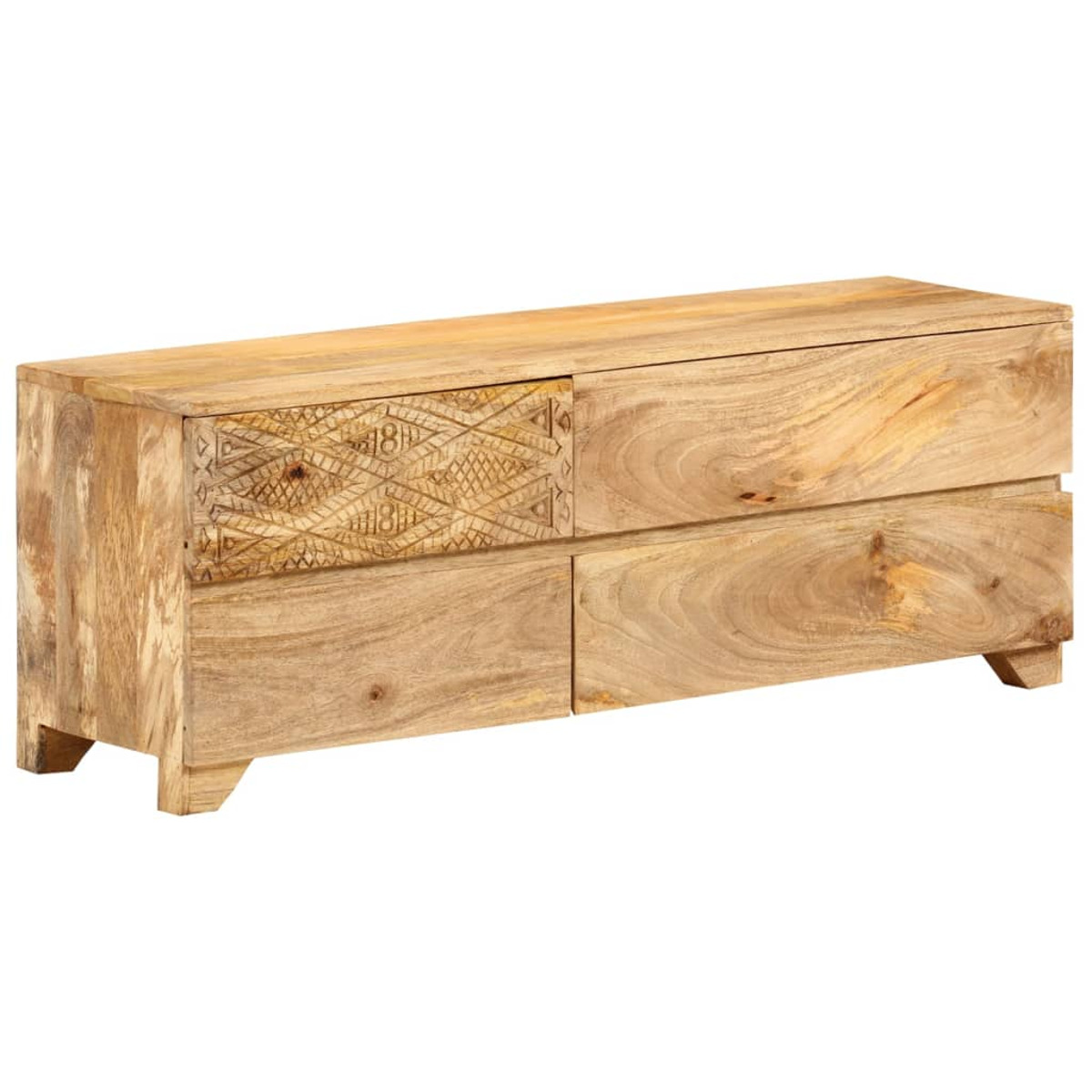 Mueble de TV de madera con cajones, diseño tallado, sobre fondo blanco.