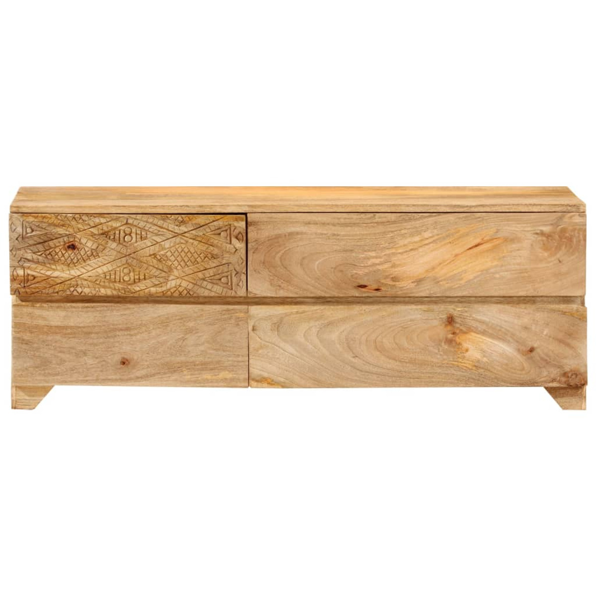 Un mueble de madera con dos cajones y un diseño tallado en el cajón superior izquierdo.