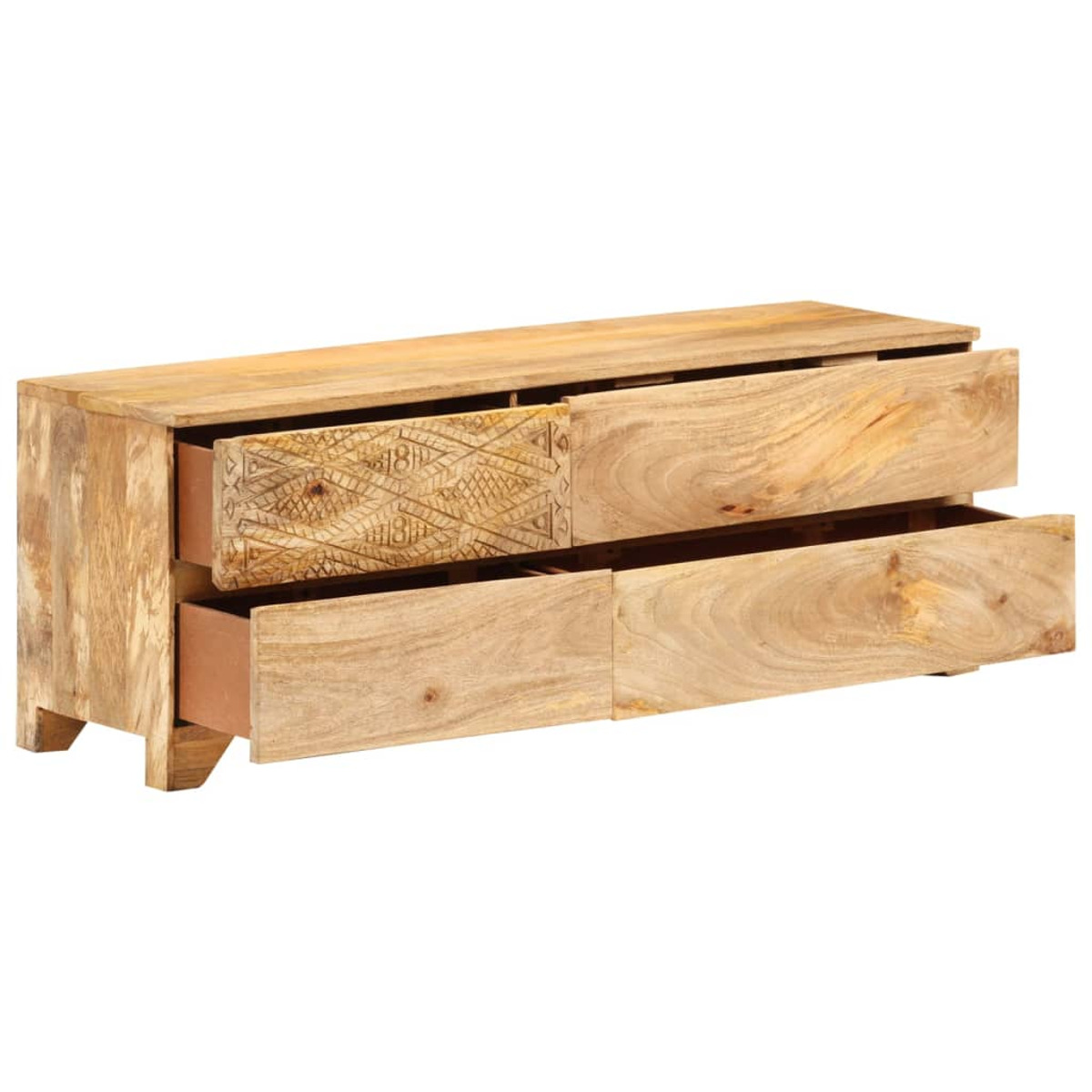 Gabinete de madera con dos cajones abiertos. Patrones tallados en un cajón. Color madera claro.