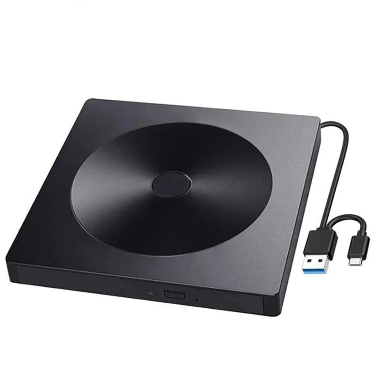 Schwarzes, quadratisches externes DVD-Laufwerk mit angeschlossenem USB-Kabel.