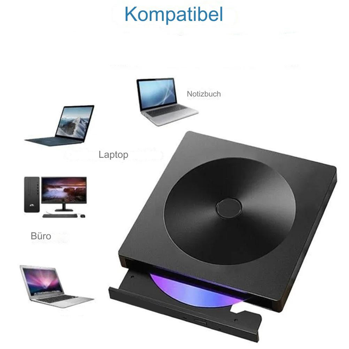 Optisches Laufwerk, das mit verschiedenen Geräten verbunden ist. Das Laufwerk hat eine Disc.