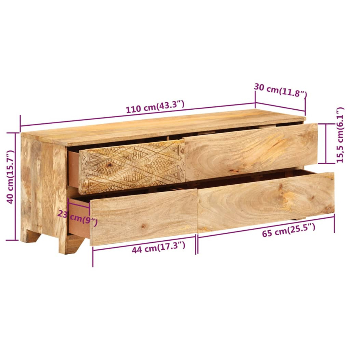 Mueble de TV de madera con cajones, mostrando dimensiones en cm y pulgadas.