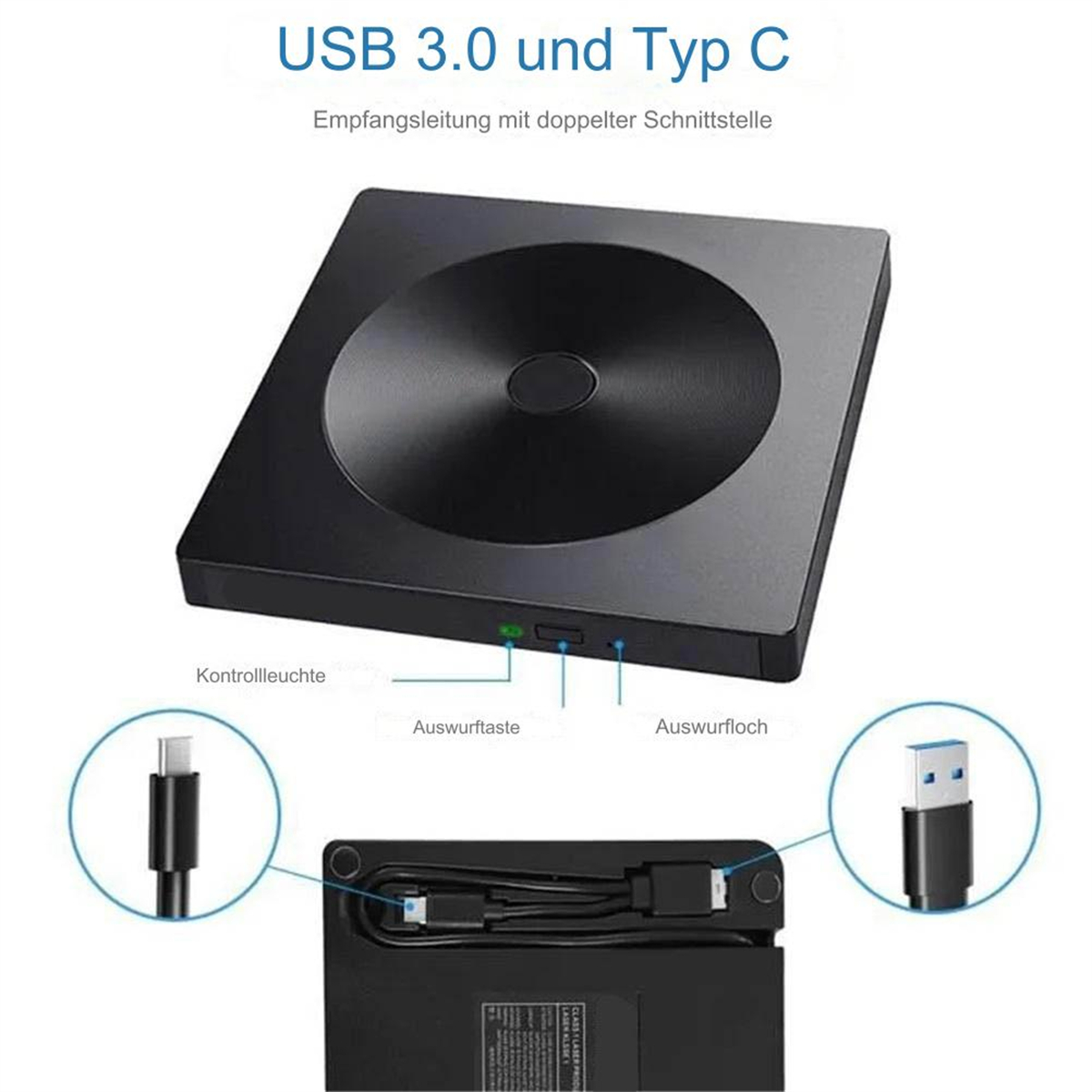 Schwarzes Gerät mit USB- und Typ-C-Anschlüssen. Deutscher Text beschreibt Funktionen.