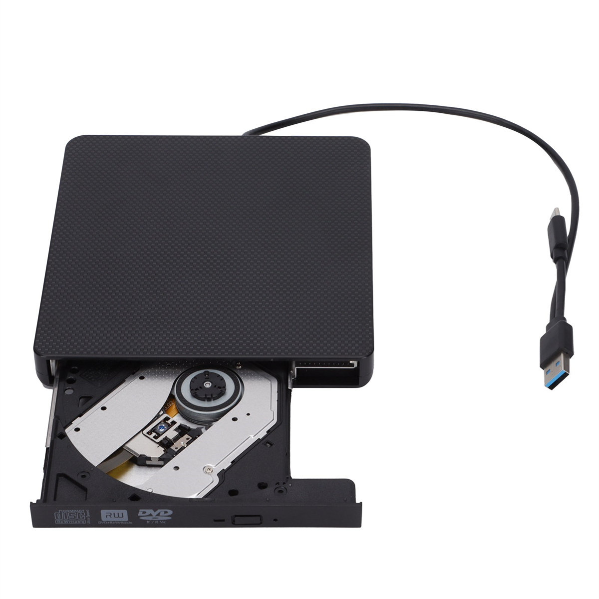 Schwarzes externes CD/DVD-Laufwerk mit offenem Fach und USB-Kabel.
