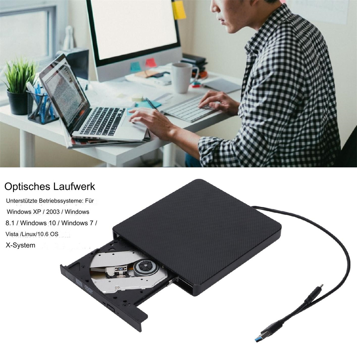 Eine Person, die einen Laptop und ein schwarzes CD-Laufwerk verwendet, mit geöffnetem CD-Fach.