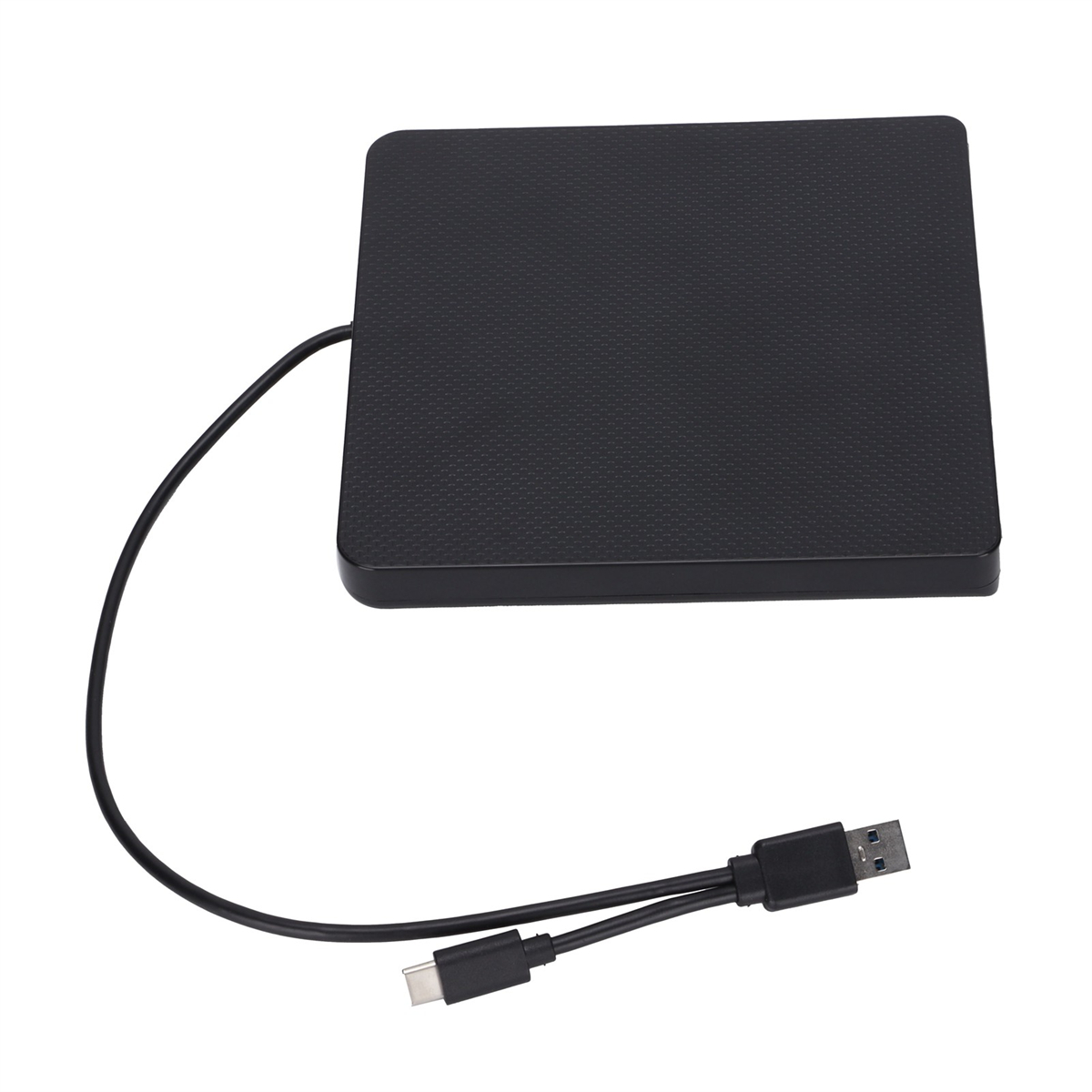 Schwarzes quadratisches Gerät mit USB- und USB-C-Kabel, auf weißer Oberfläche.