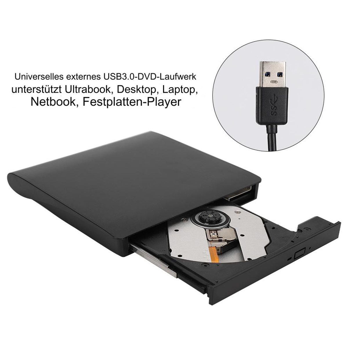 Schwarzes externes USB 3.0 DVD-Laufwerk mit offenem Fach. Ein USB-Kabel ist angeschlossen.