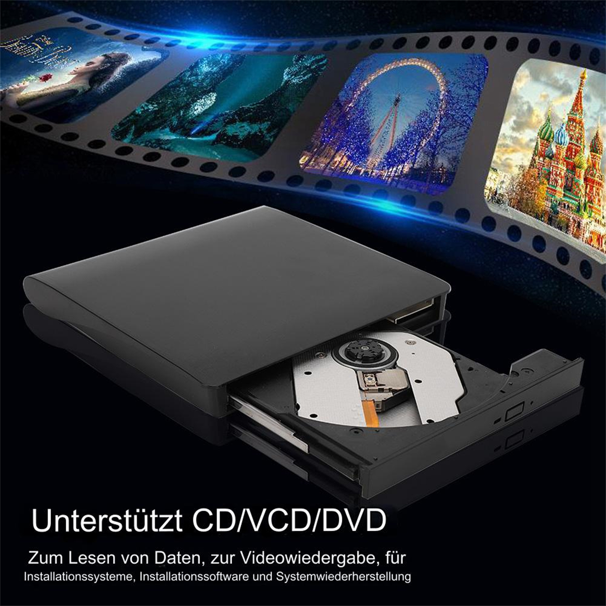 Schwarzer DVD-Player mit offenem Fach, zeigt die Disc und Text unten.