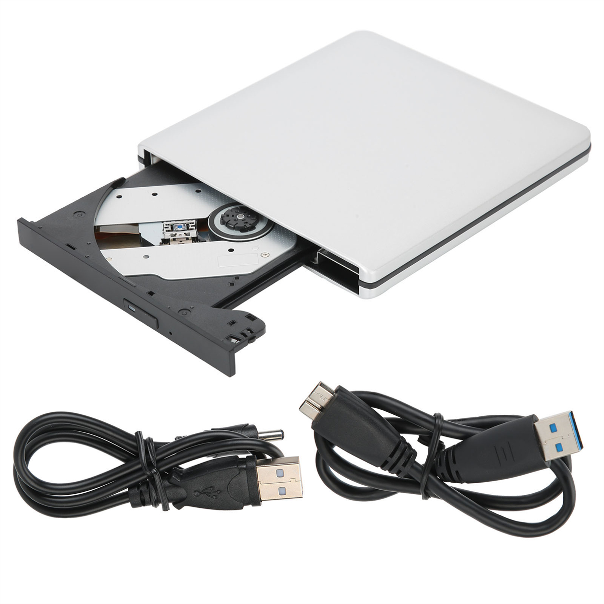 Offenes DVD-Laufwerk mit einer Disc im Inneren. Kabel sind ebenfalls auf dem Bild vorhanden.