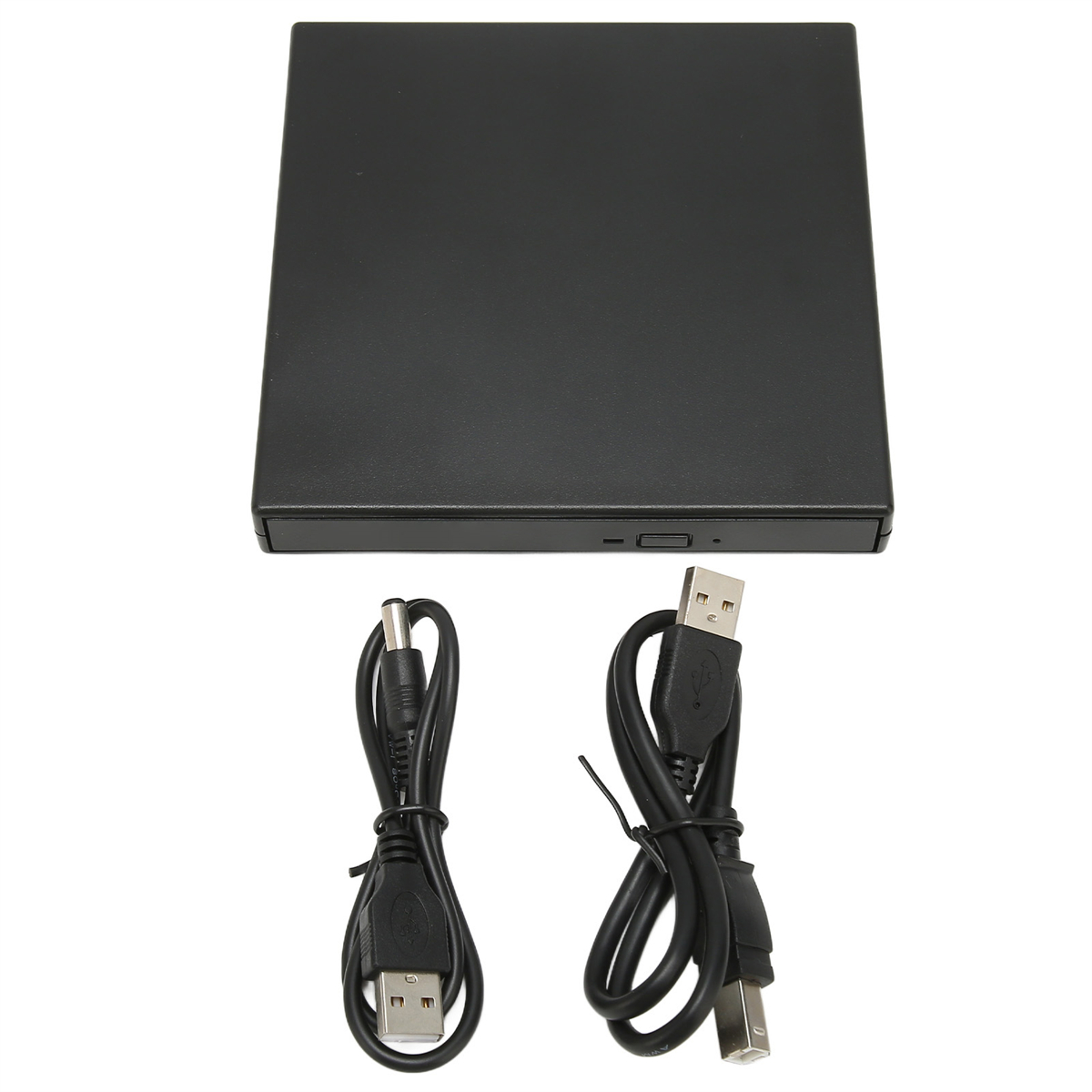 Ein schwarzes externes DVD-Laufwerk mit einem USB-Kabel und einem Stromkabel.