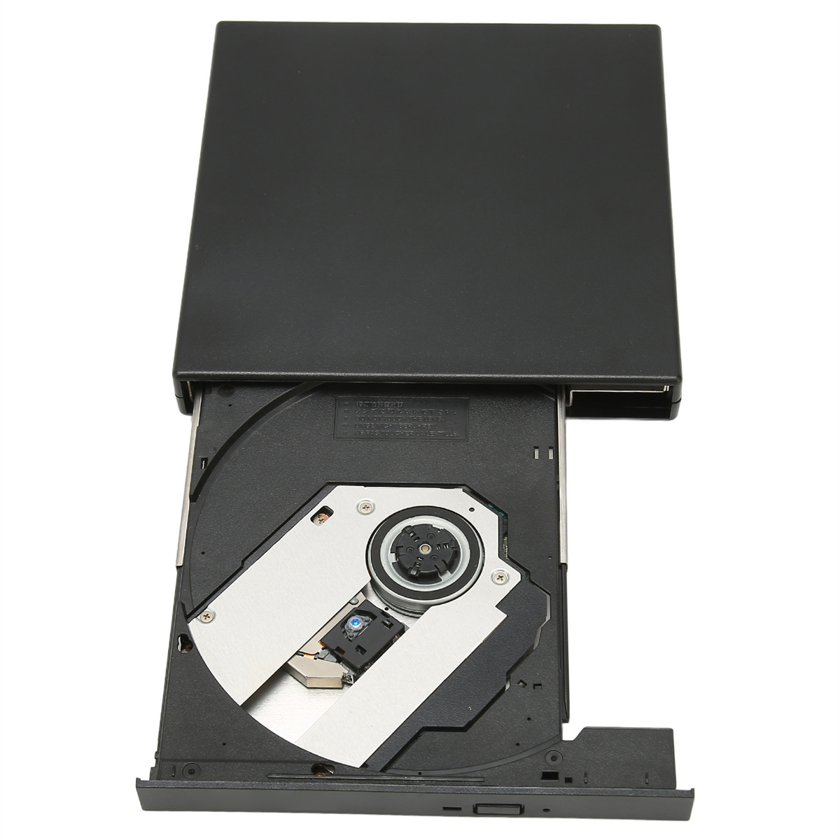 Ein schwarzes CD/DVD-Laufwerk ist geöffnet. Die internen Komponenten sind sichtbar, einschließlich silberner Teile.