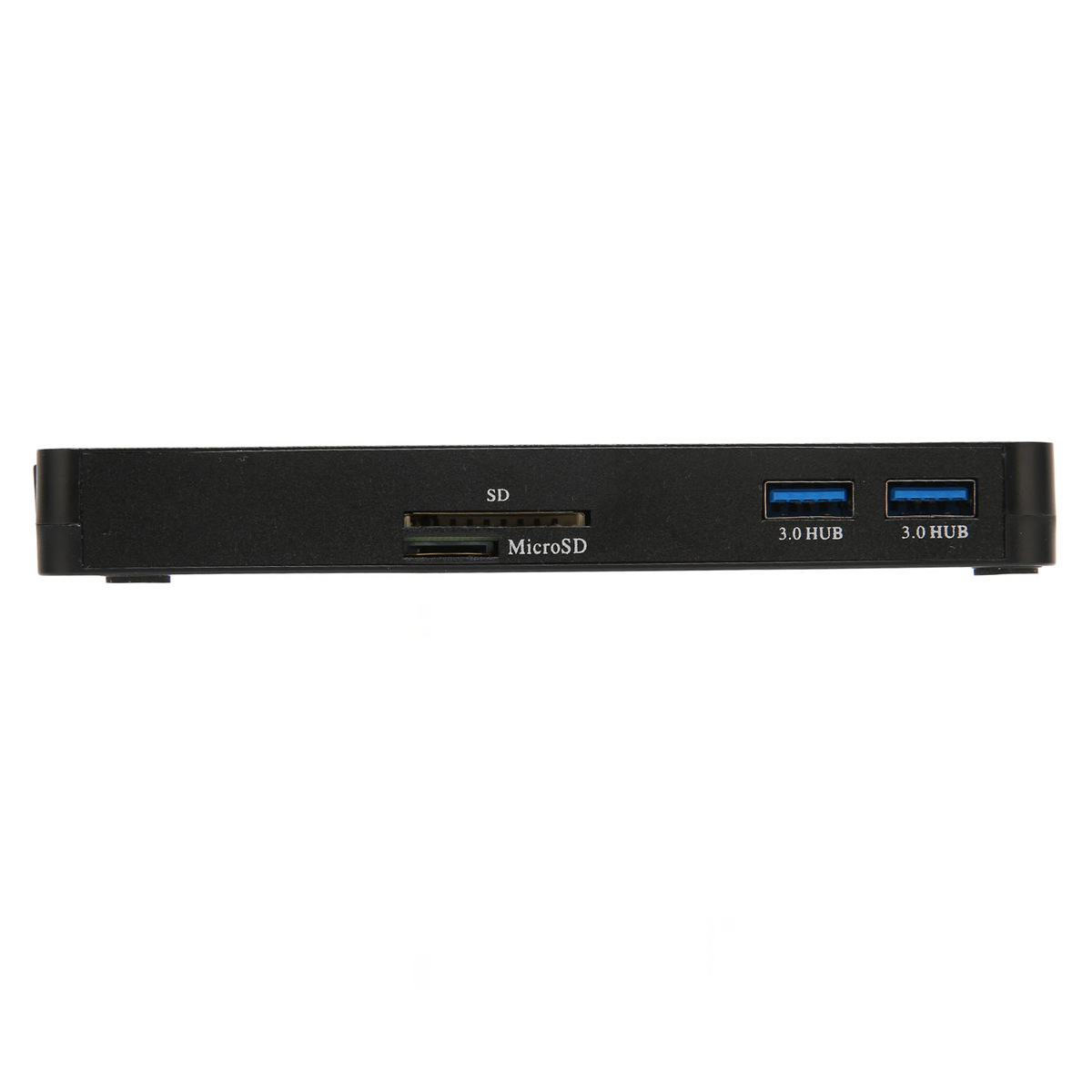 Schwarzes Gerät mit SD-Karte und USB-Anschlüssen. Schwarzes, rechteckiges Gerät, mehrere Anschlüsse sichtbar.