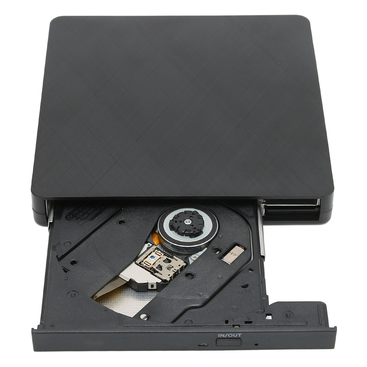 Schwarzes, offenes DVD-Laufwerk, das interne Komponenten anzeigt, mit einem USB-Anschluss an der Seite.