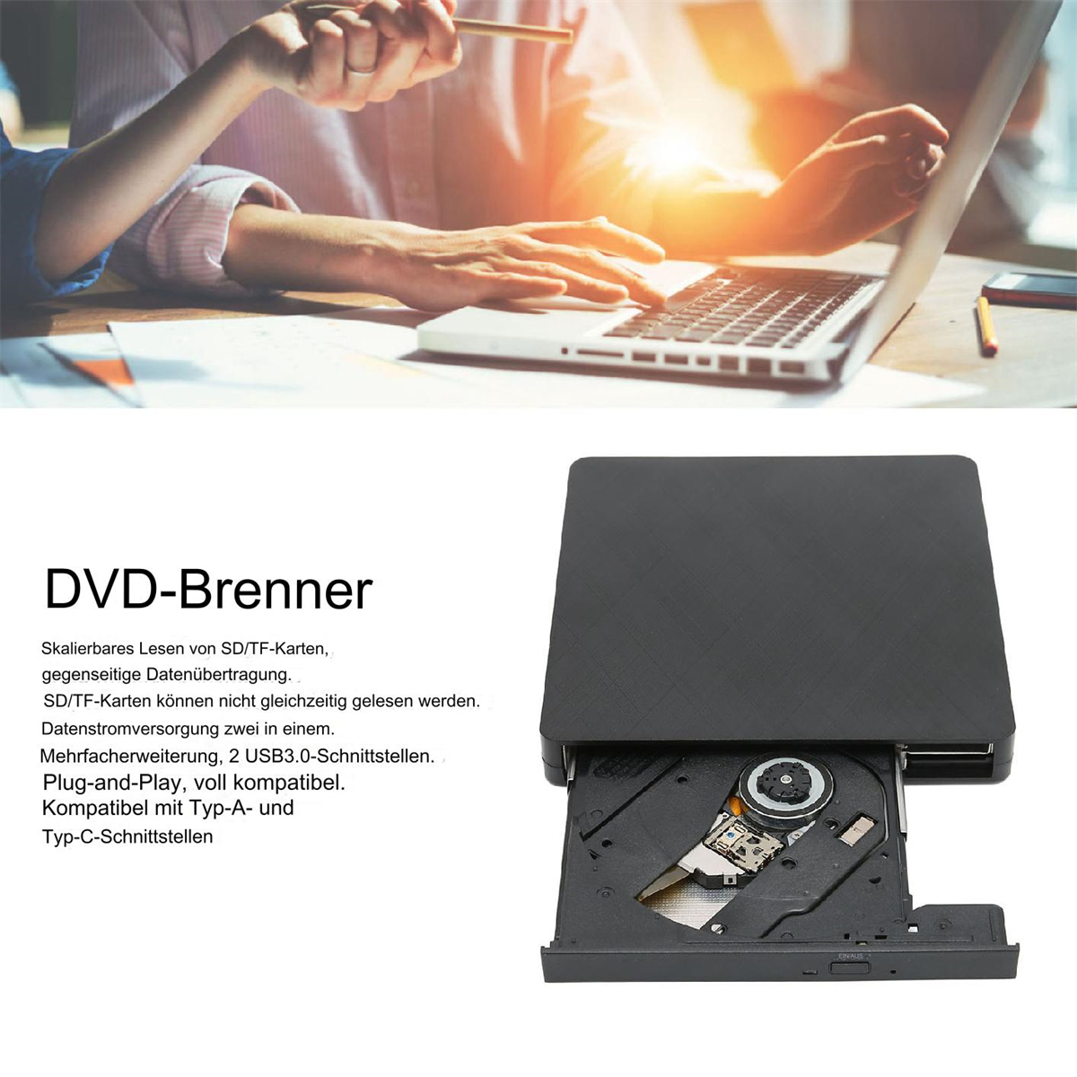Schwarzer DVD-Brenner mit offenem Fach und Erklärungstext, im Hintergrund Personen und ein Laptop.