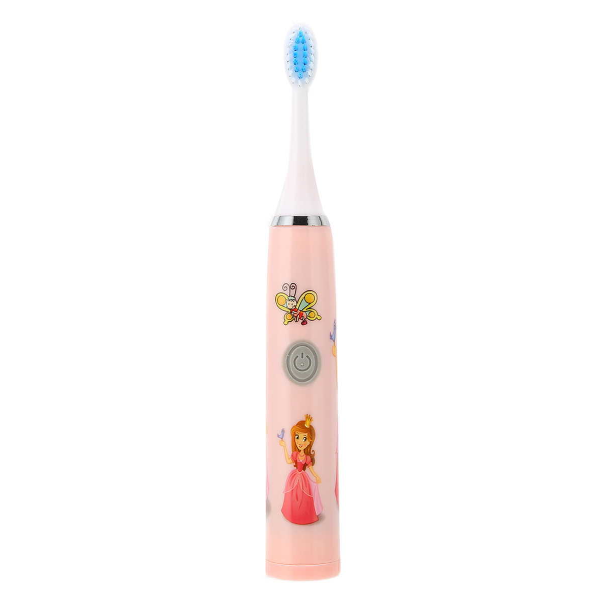 Eine rosa elektrische Zahnbürste für Kinder. Verziert mit einem Prinzessinnen- und Schmetterlingsdesign.