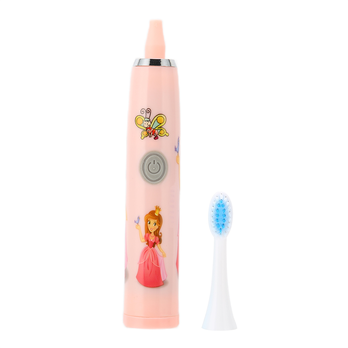 Pinke elektrische Zahnbürste mit Cartoonfiguren. Daneben ein Bürstenkopf.