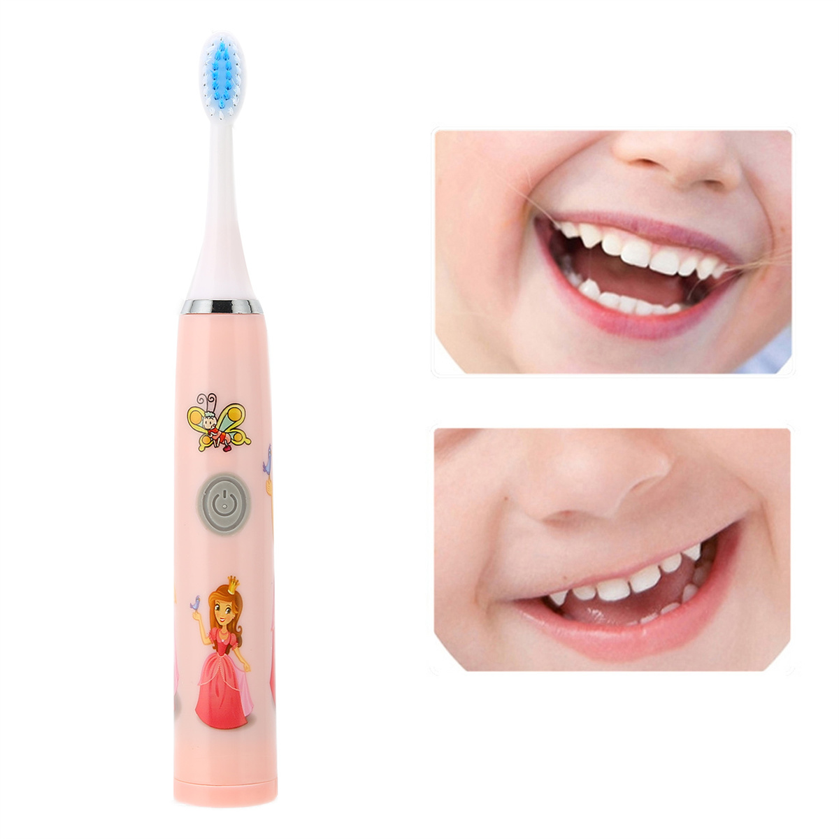 Rosa elektrische Zahnbürste mit Cartoon-Prinzessinnen-Design und zwei Nahaufnahmen von Kindermündern.