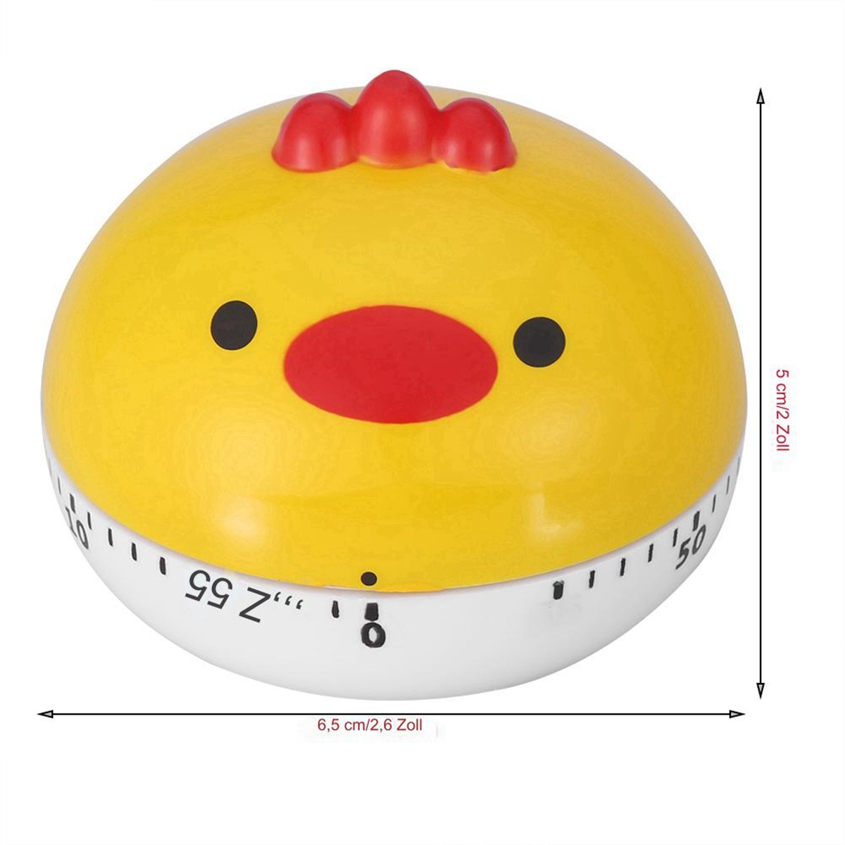 Gelber, hühnerförmiger Küchentimer mit rotem Kamm. Er hat einen weißen Sockel und ein nummeriertes Zifferblatt.