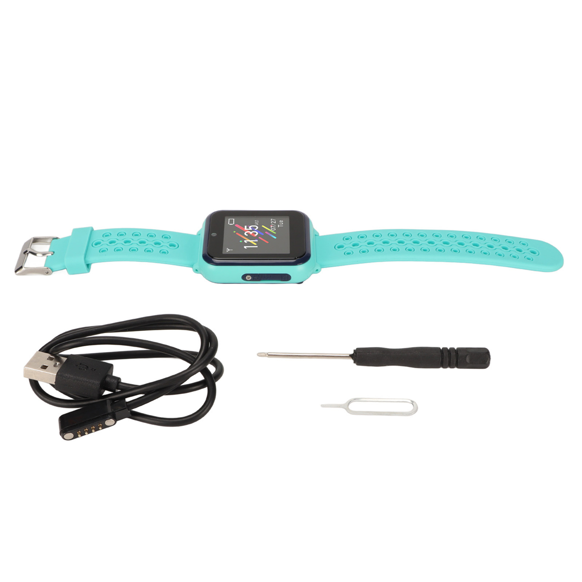 Türkis Smartwatch mit Armband, Ladekabel, Schraubendreher und SIM-Auswurfwerkzeug, weißer Hintergrund.