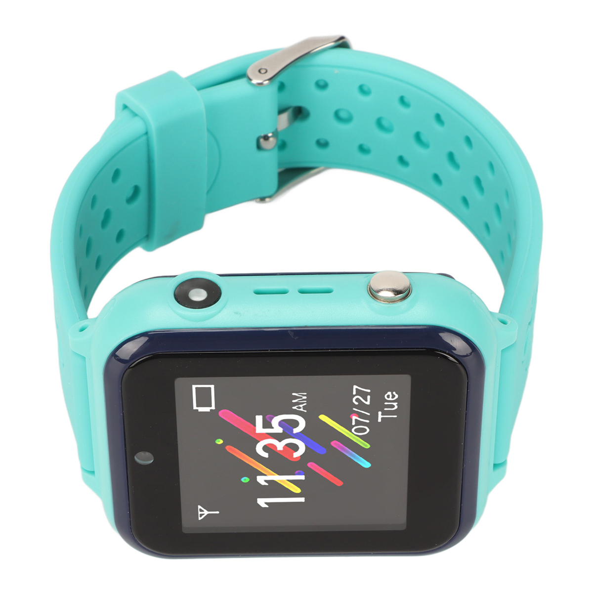 Eine türkisfarbene Smartwatch mit schwarzem Bildschirm, der Zeit und Datum anzeigt, auf weißem Grund.