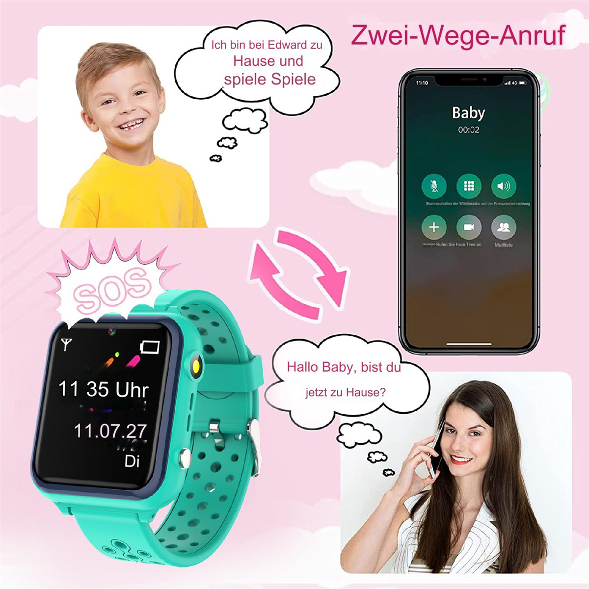 Eine Smartwatch mit einem Kind, das seine Mutter anruft, und einem lächelnden Jungen.