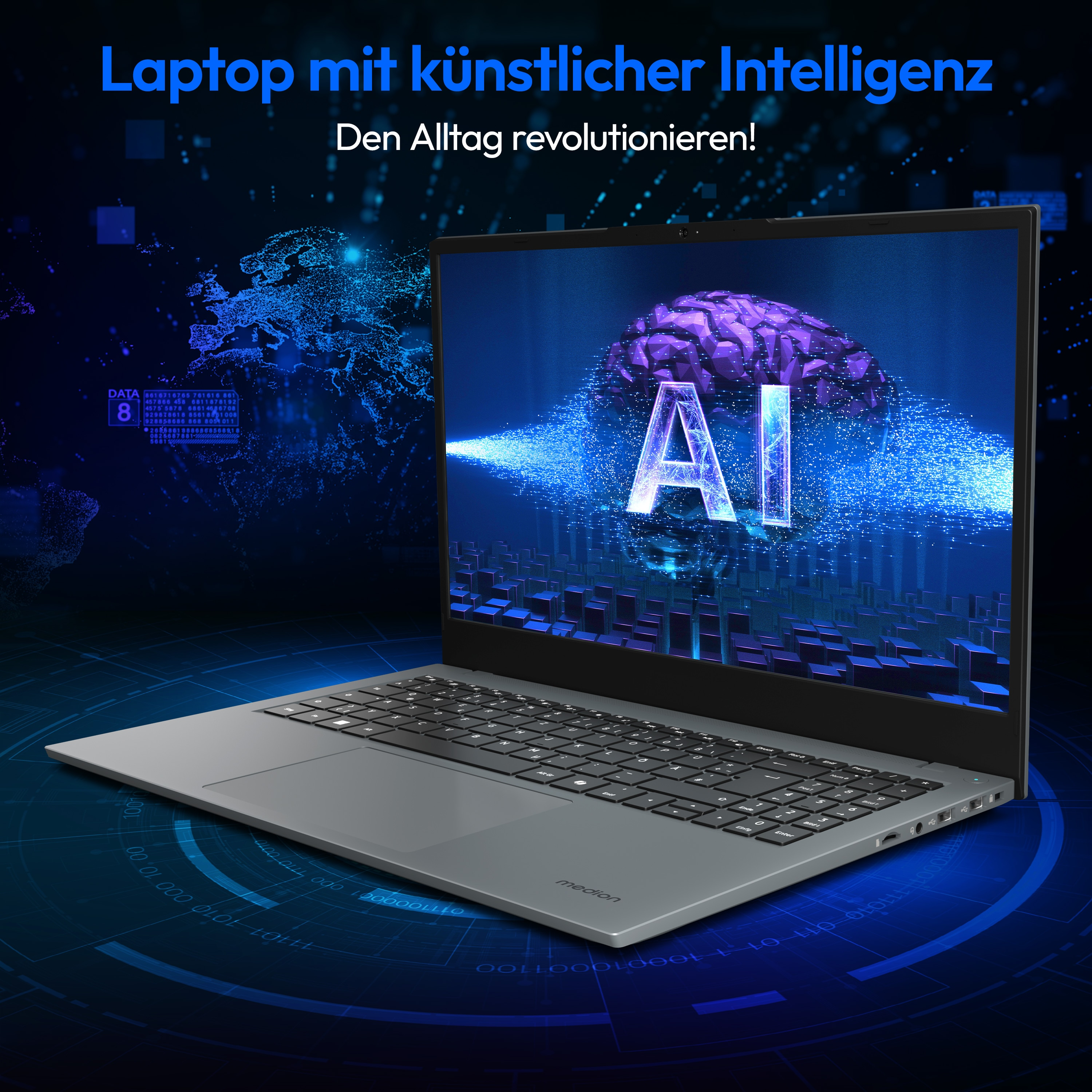 Szary laptop z logo AI na ekranie, otoczony niebieskimi liniami, na niebieskiej powierzchni.