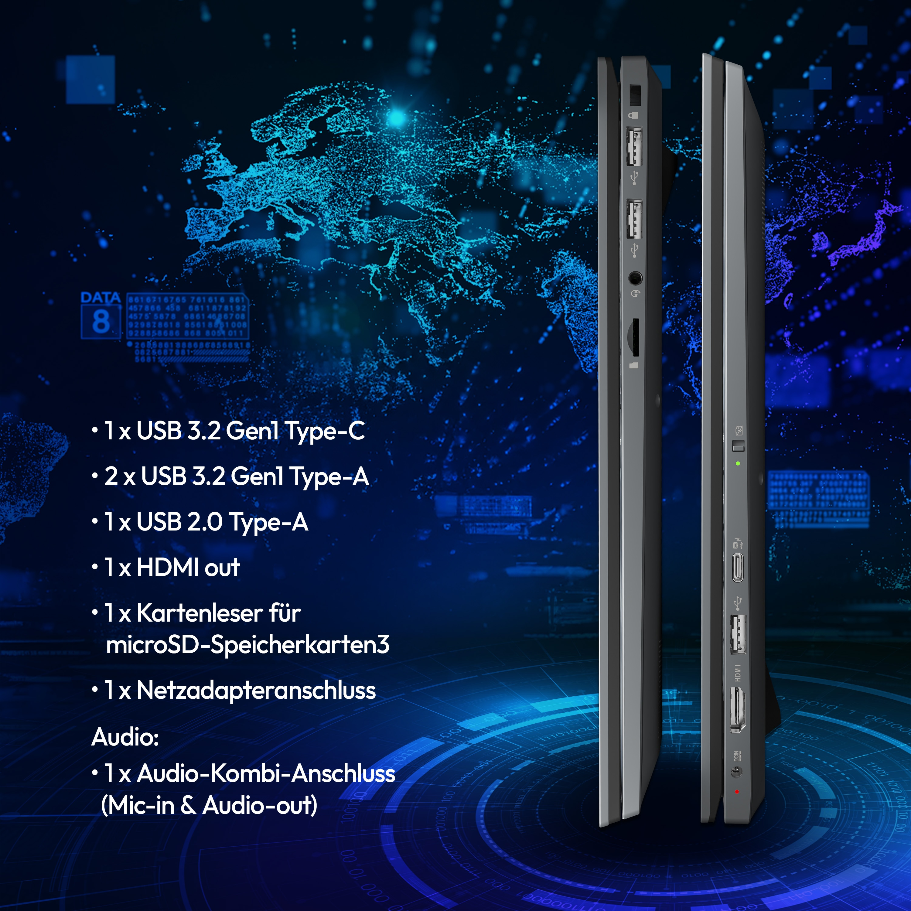 Porty komputera z boku laptopa, w tym porty USB, HDMI i audio.