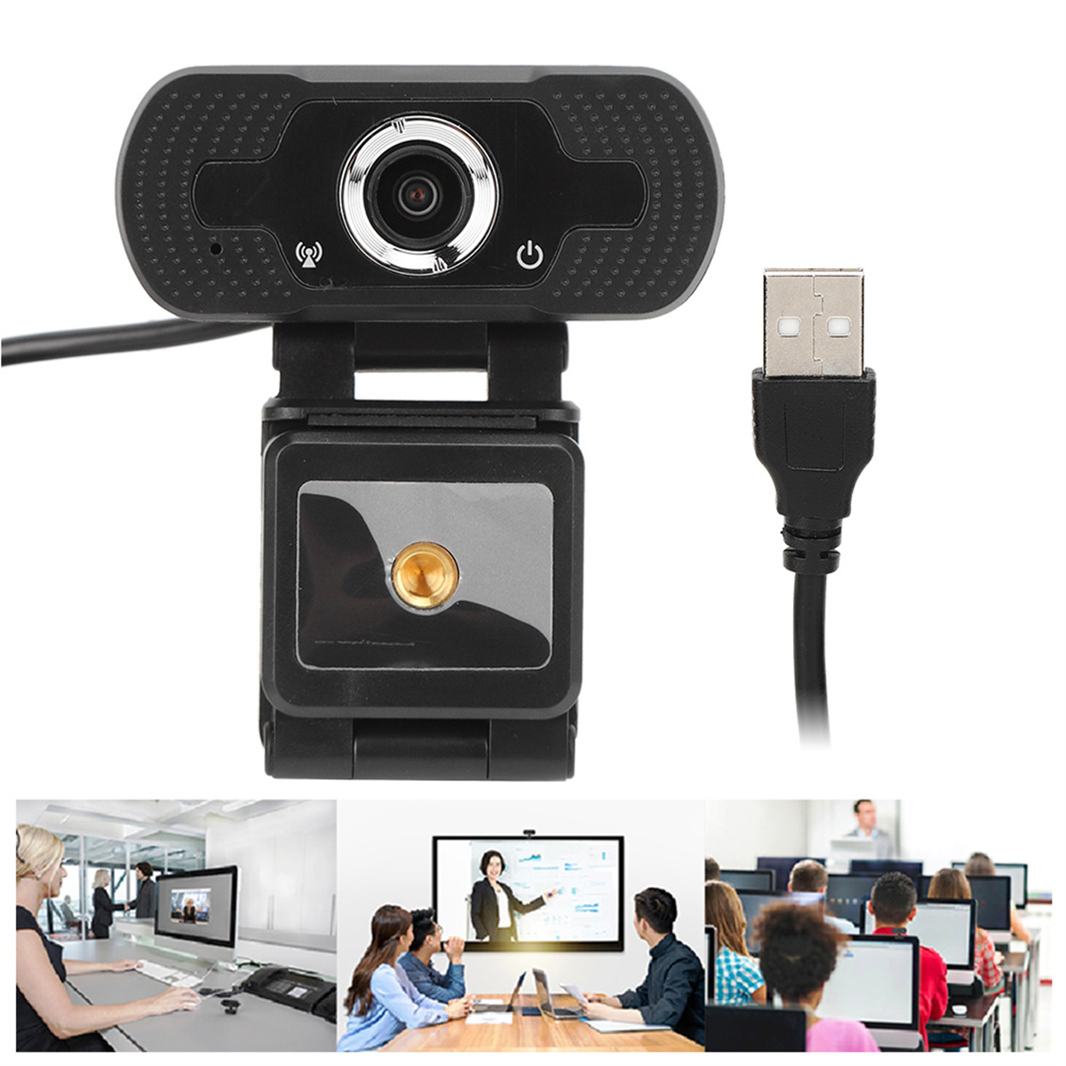 Webcam auf weißem Hintergrund, zeigt eine Webcam mit USB-Kabel.