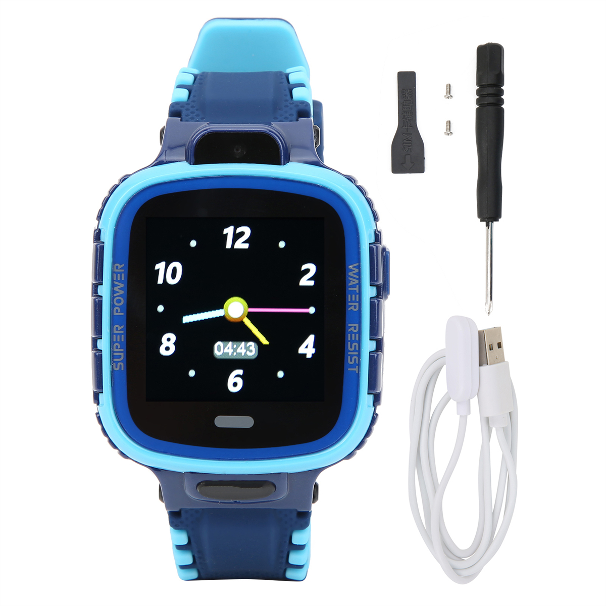 Eine blau-schwarze Smartwatch, die die Uhrzeit anzeigt. Außerdem ein Ladegerät, ein Schraubendreher und Kleinteile.