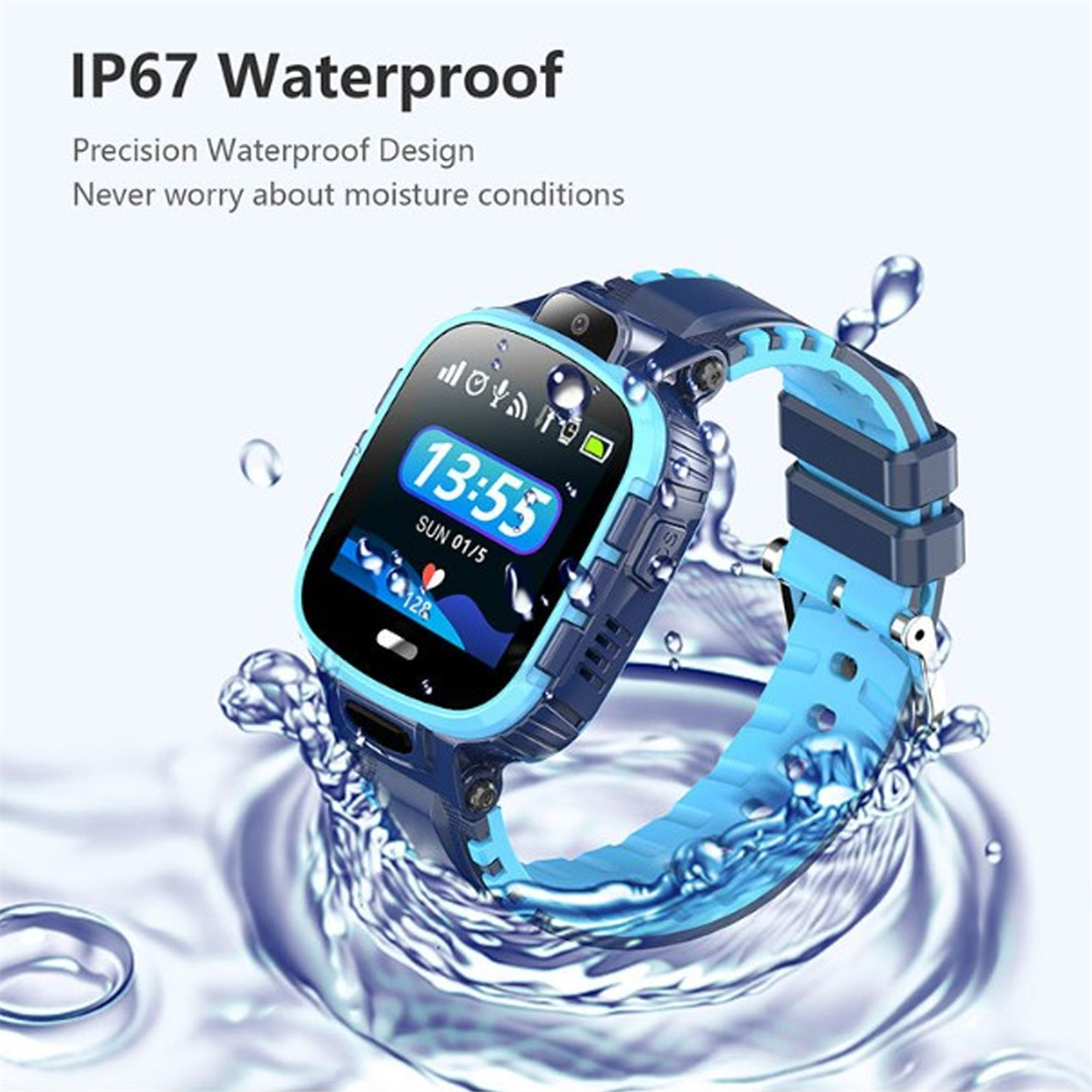 Blaue Kinder-Smartwatch mit Wasserspritzeffekt. Zeigt Zeit, Datum und Akkulaufzeit an.
