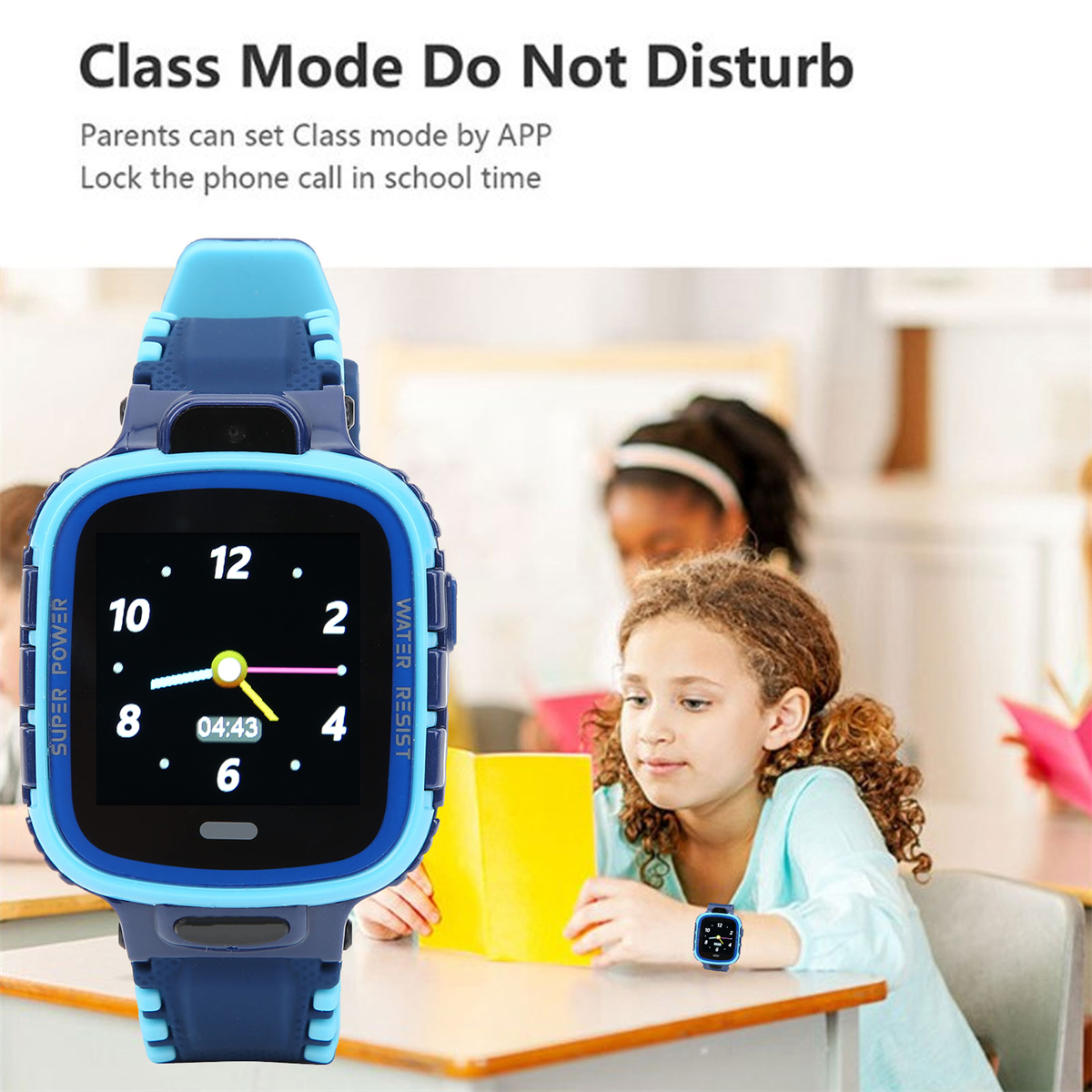 Eine Smartwatch, die die Zeit anzeigt, und ein Mädchen und zwei Kinder in einem Klassenzimmer.