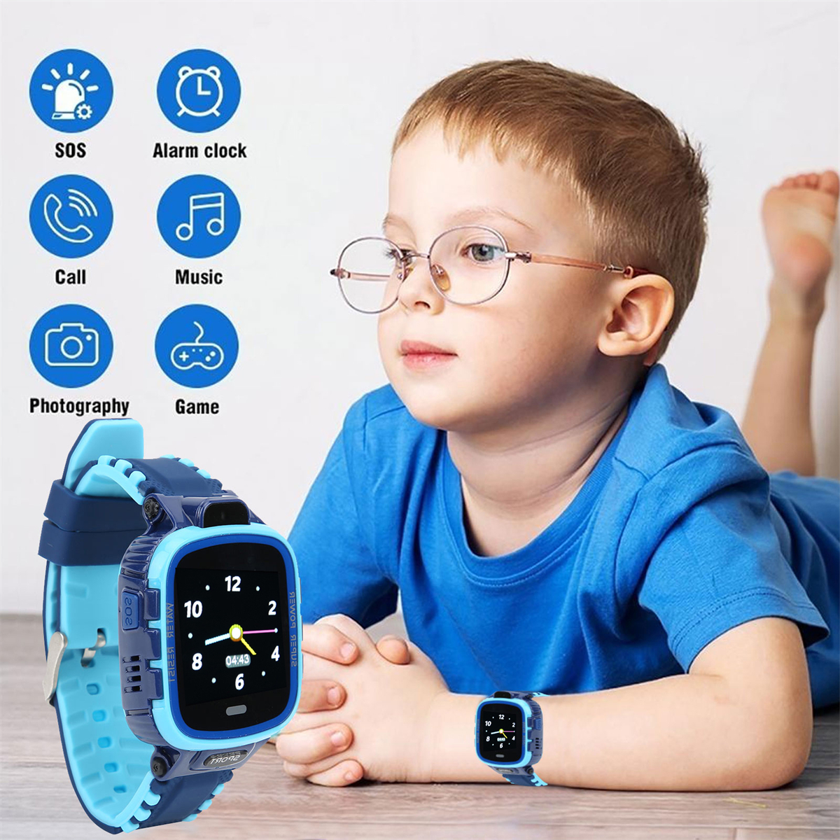 Ein Junge mit Smartwatch. Symbole für SOS, Alarm, Anruf, Musik, Fotografie und Spiel.