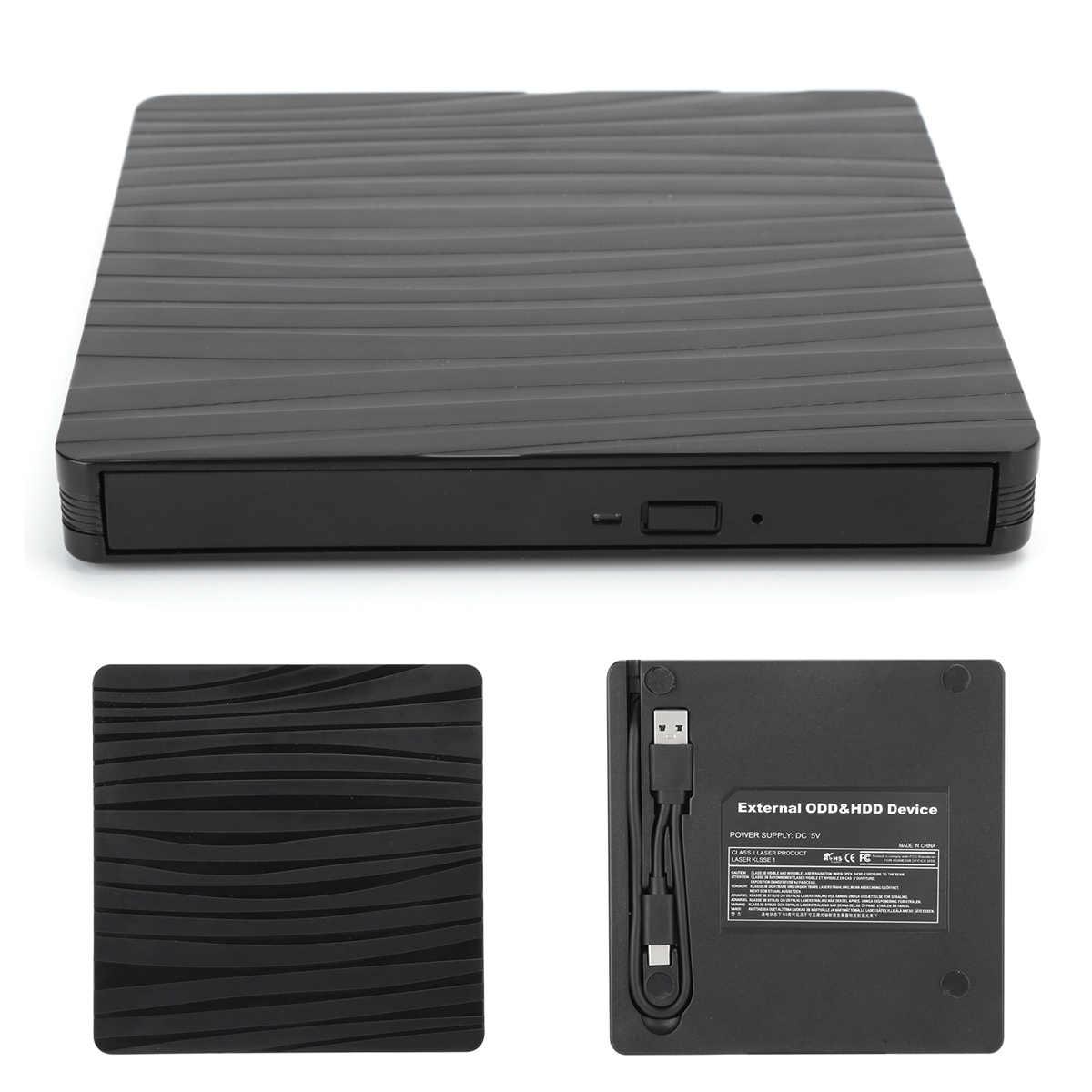 Schwarzes externes DVD/HDD-Gerät. Ober- und Unteransicht mit USB-Kabel. Die Unterseite hat ein Etikett.
