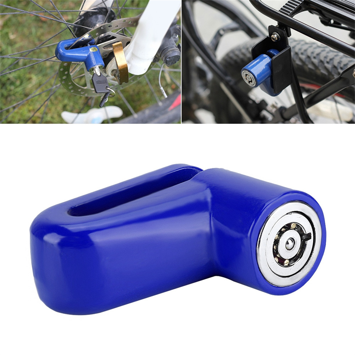 Blaues Fahrrad-Scheibenbremsschloss sichert das Rad. Ein weiteres Schloss ist am Fahrradträger montiert.