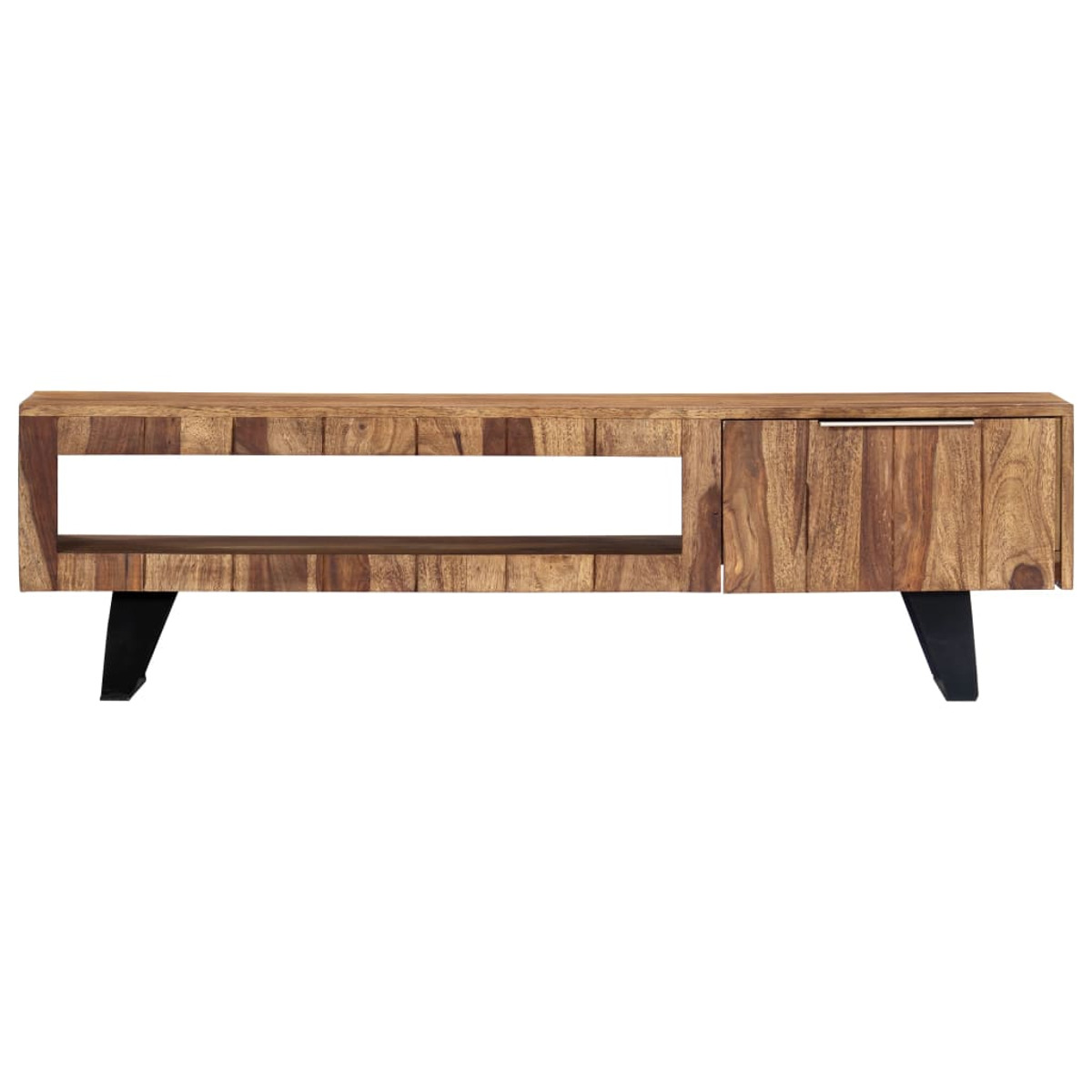 TV-Ständer aus Holz mit schwarzen Metallbeinen. Verfügt über eine Schublade und ein offenes Fach.