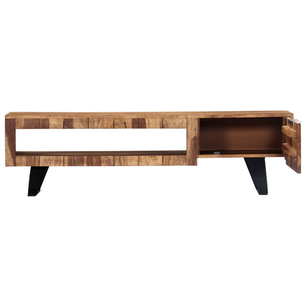 TV-Ständer aus Holz mit offenem Fach und Schrank mit Tür. Der Ständer hat Metallbeine.