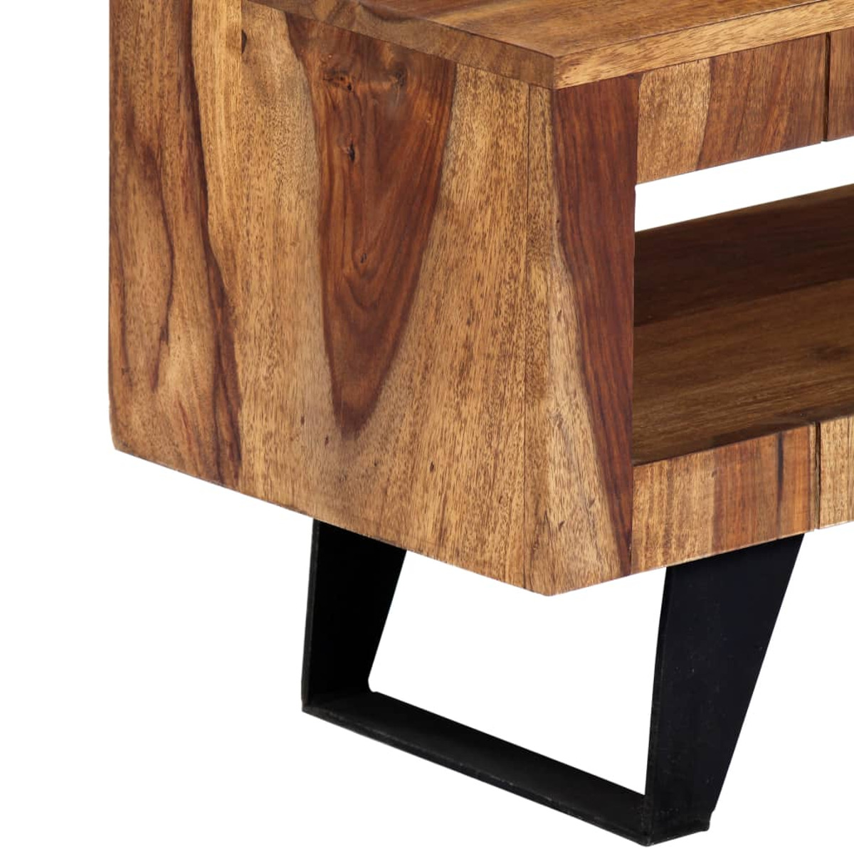 Nahaufnahme eines Holzschranks mit schwarzem Metallbein, Holzmaserung sichtbar.