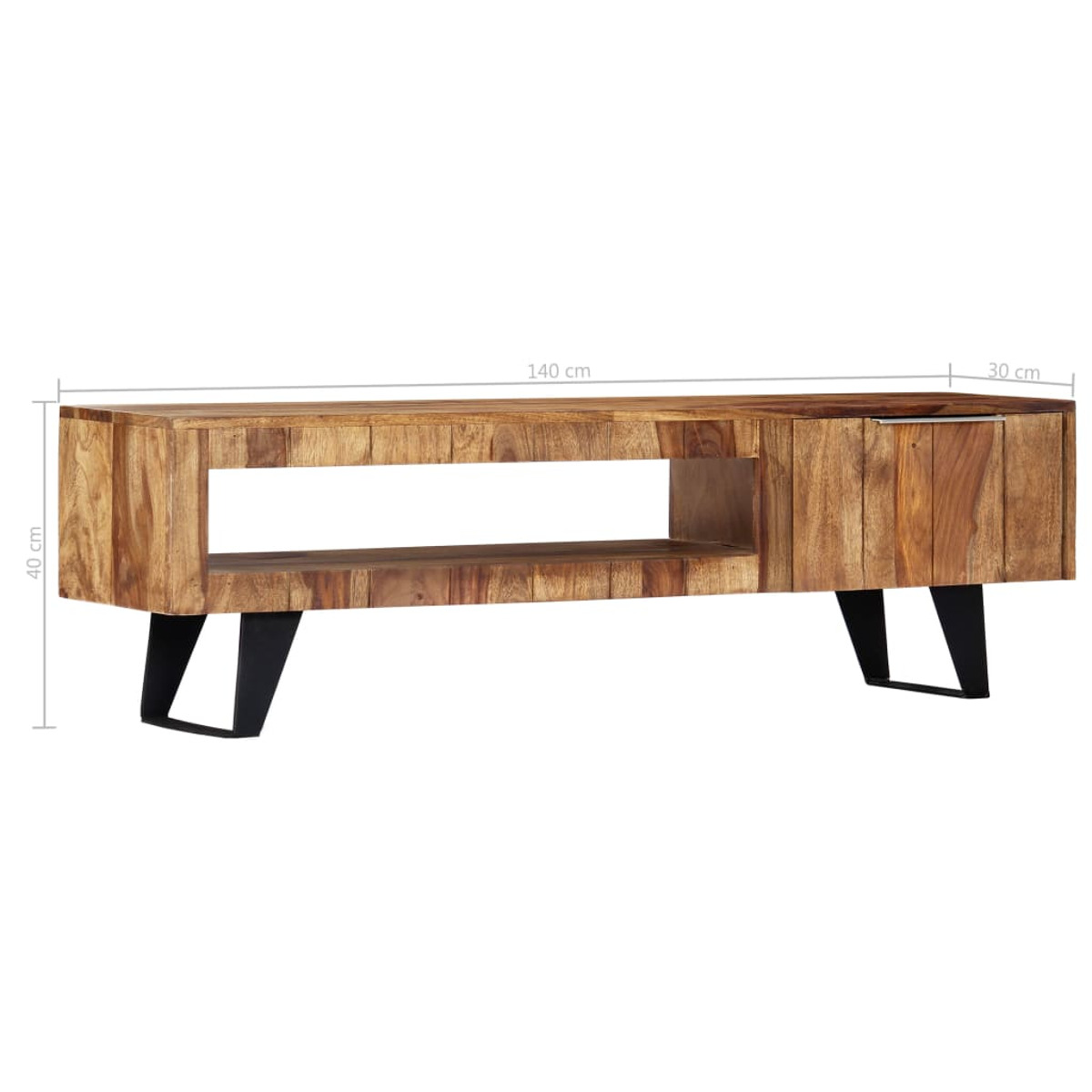 TV-Ständer aus Holz mit schwarzen Beinen und Maßangaben. Weißer Hintergrund.