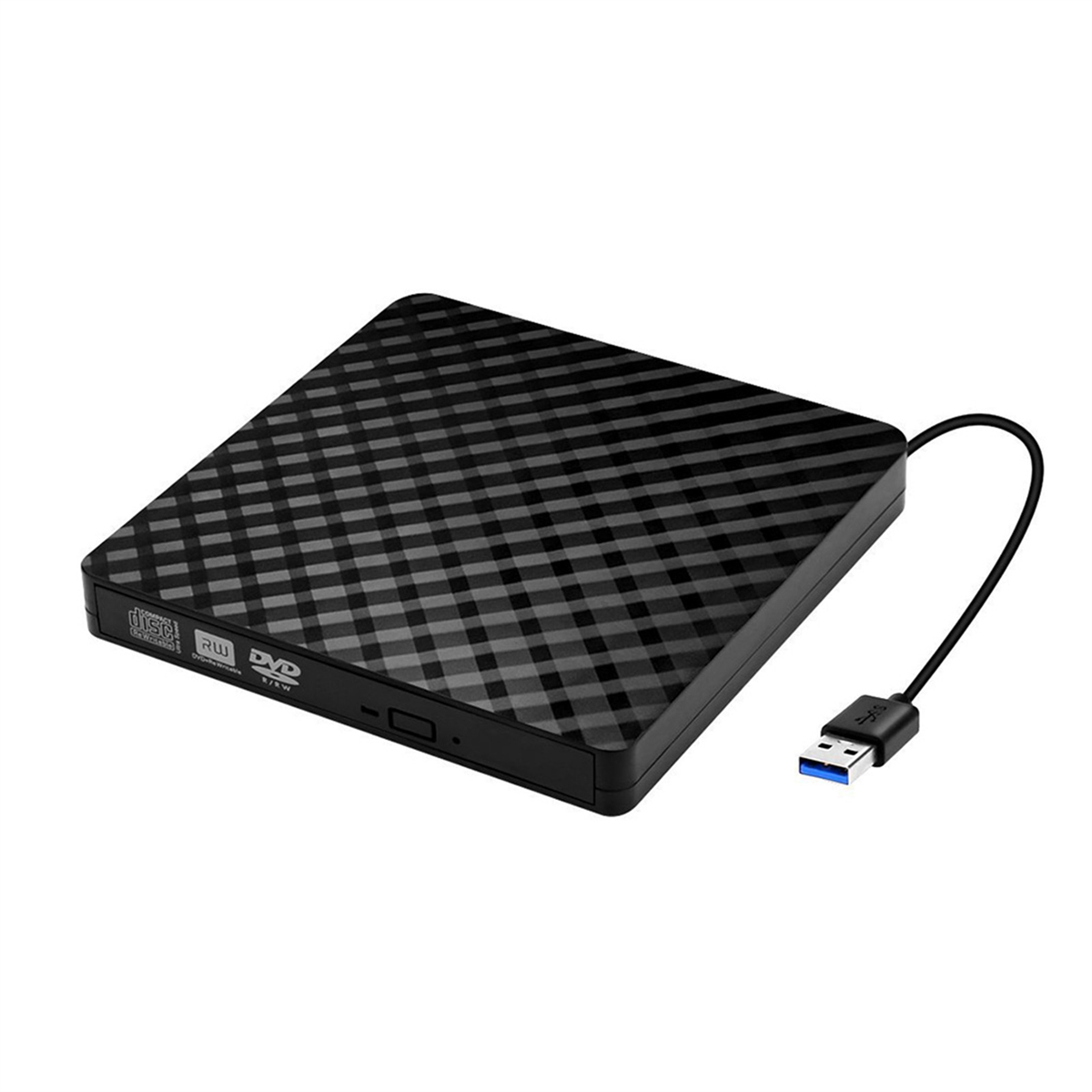 Ein schwarzes DVD-Laufwerk mit USB-Kabel. Die Oberfläche hat ein geometrisches Muster.