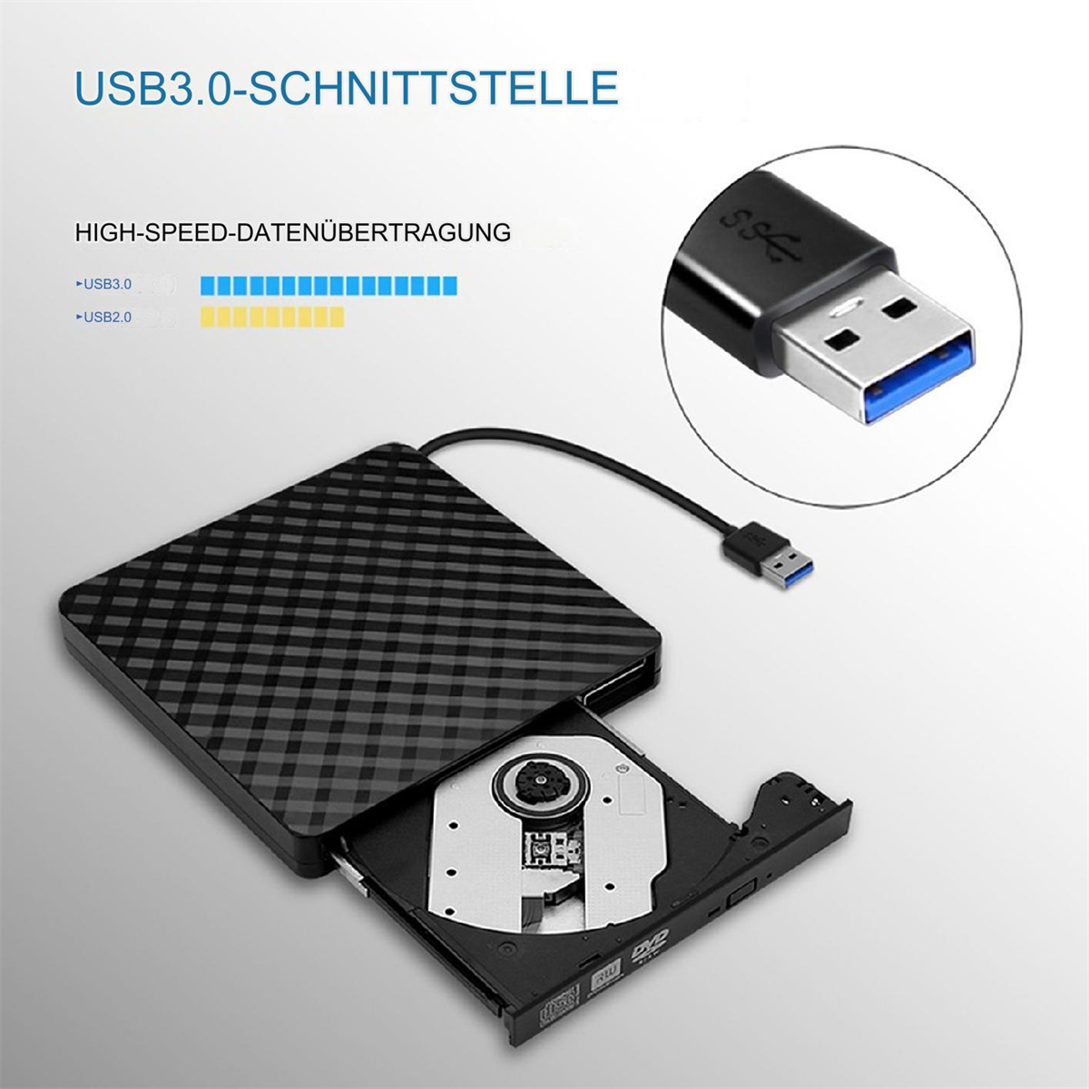 Schwarzes externes DVD-Laufwerk, USB-Kabel und USB-Anschluss. Text über USB 3.0 und 2.0 Datenübertragung.