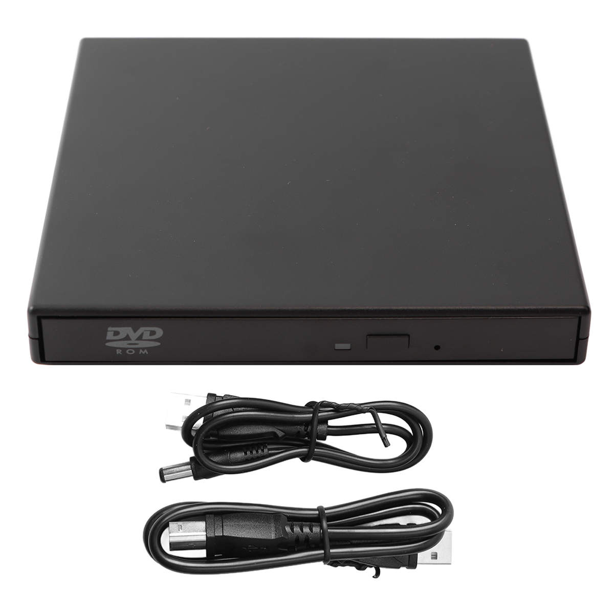 Schwarzes DVD/CD-Laufwerk mit Kabeln. USB- und Netzkabel sind unten.