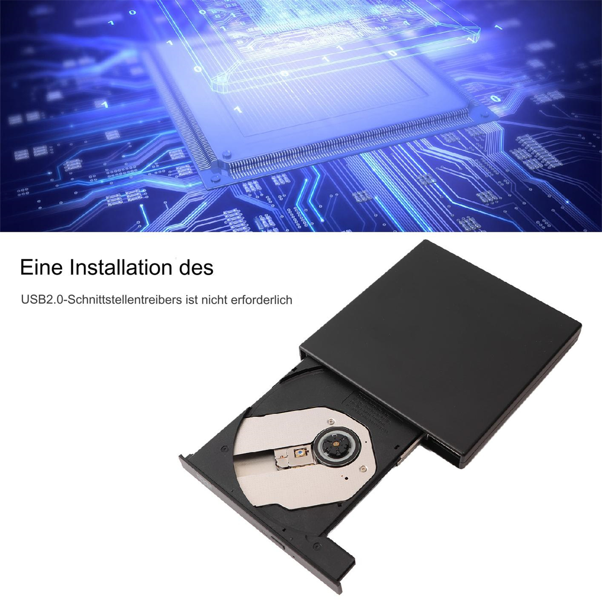 DVD-Laufwerk mit schwarzer Oberseite und geöffnetem Fach. Ein Diagramm der Komponenten wird oben gezeigt.