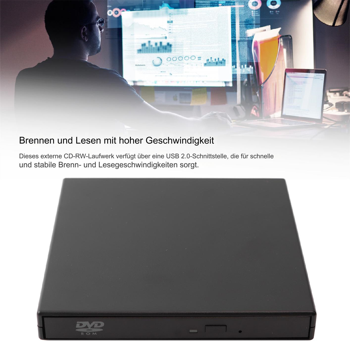 Schwarzes DVD-ROM-Laufwerk mit einer Person, die im Hintergrund an einem Computer arbeitet. Text auf Deutsch.