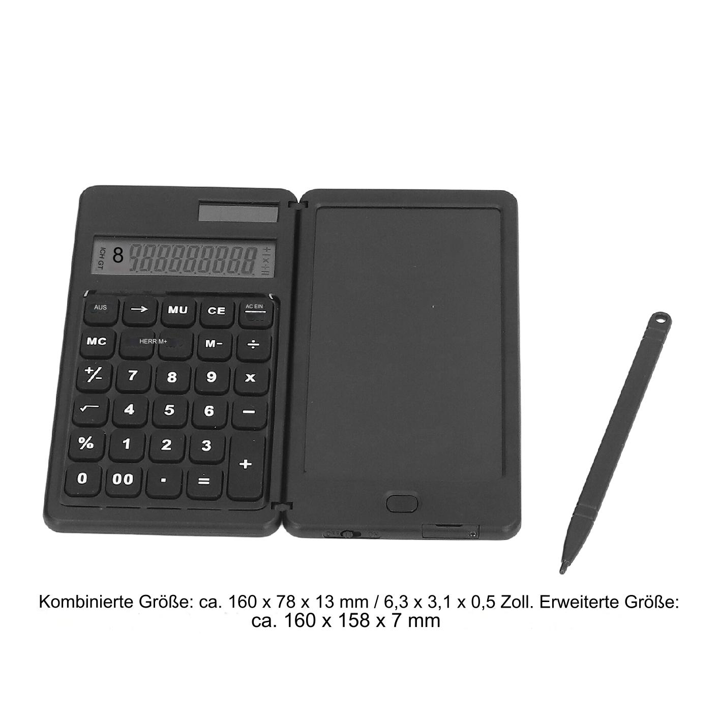 Schwarzer Taschenrechner mit offener Abdeckung und Stift, mit Zahlen und Tasten.