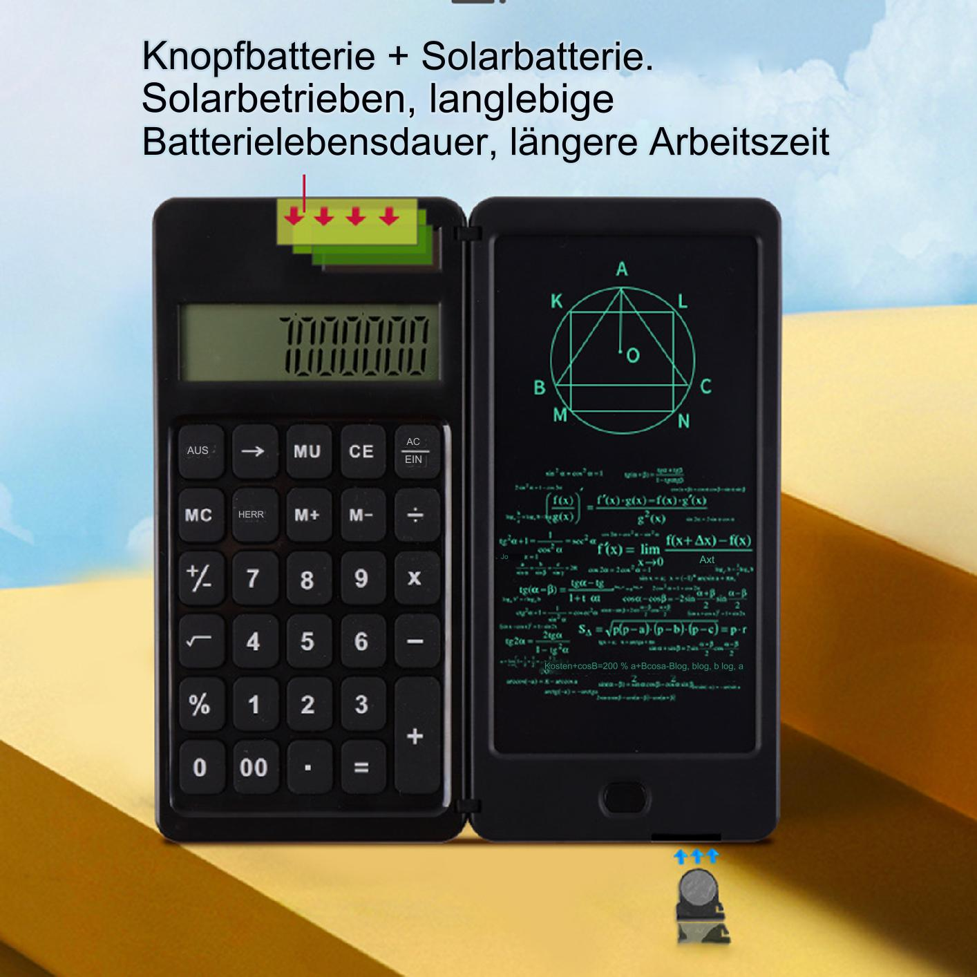 Schwarzer Taschenrechner mit offenem Deckel. Zeigt Formeln und hat einen digitalen Bildschirm.