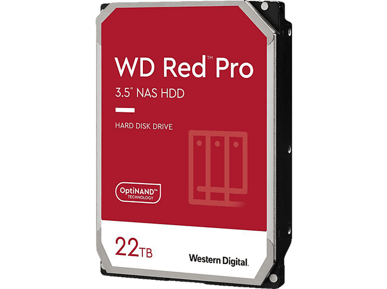 Disque dur WD Red Pro 22 To, étiquette rouge sur métal noir. Texte : NAS HDD, Disque dur, Western Digital.