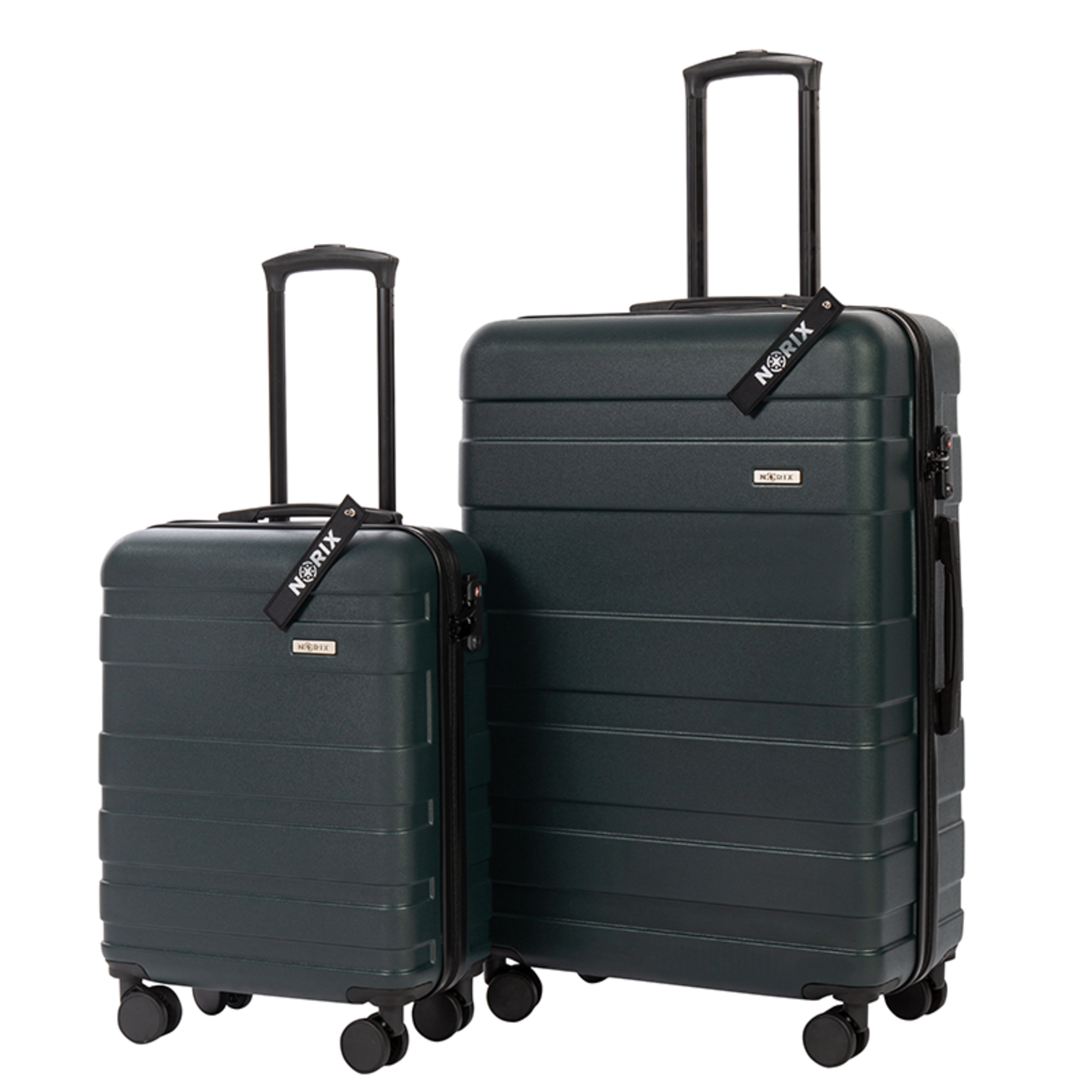 Two green suitcases. One is large, one is small, and they both have handles.
