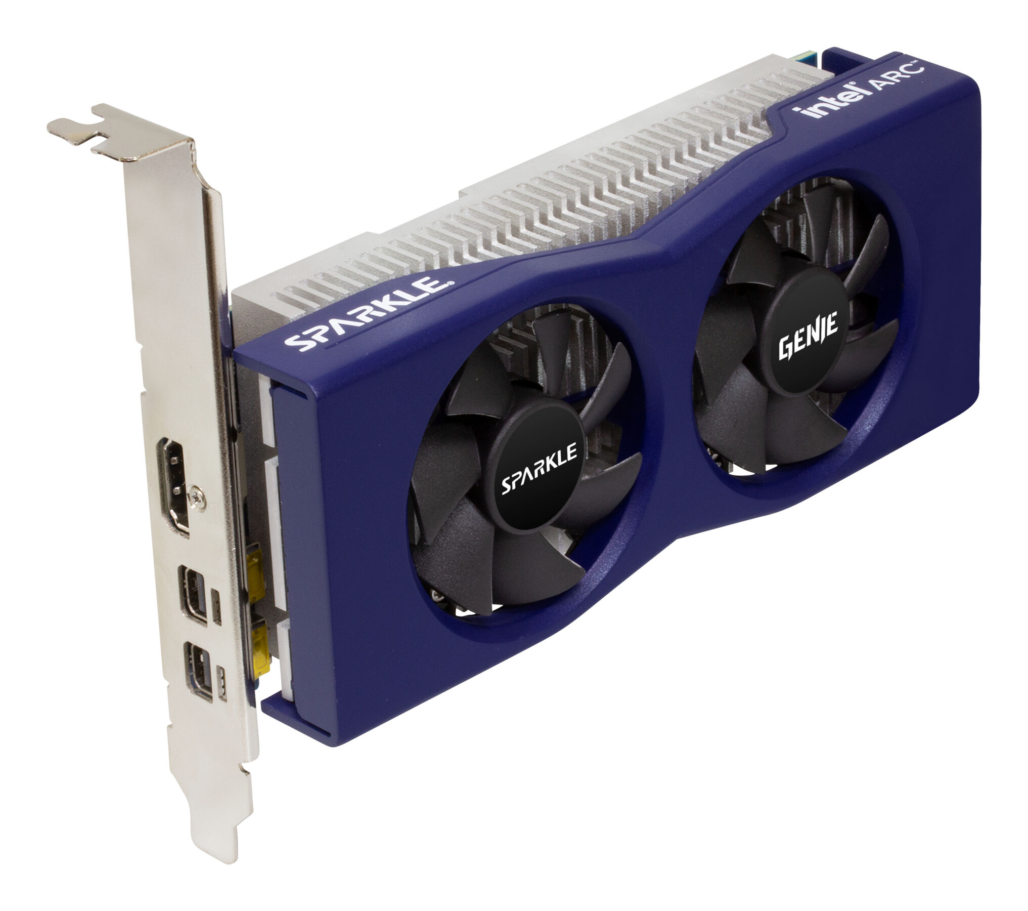 Una scheda grafica blu e argento con due ventole nere e il marchio Intel ARC e Sparkle.
