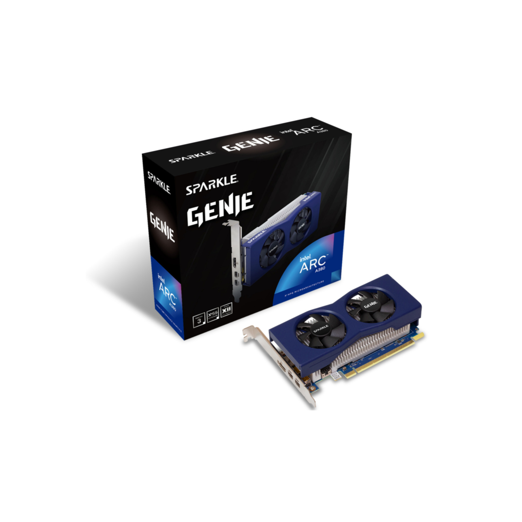 Una scheda grafica Sparkle Genie ARC blu e nera, accanto alla sua scatola. Sfondo bianco.